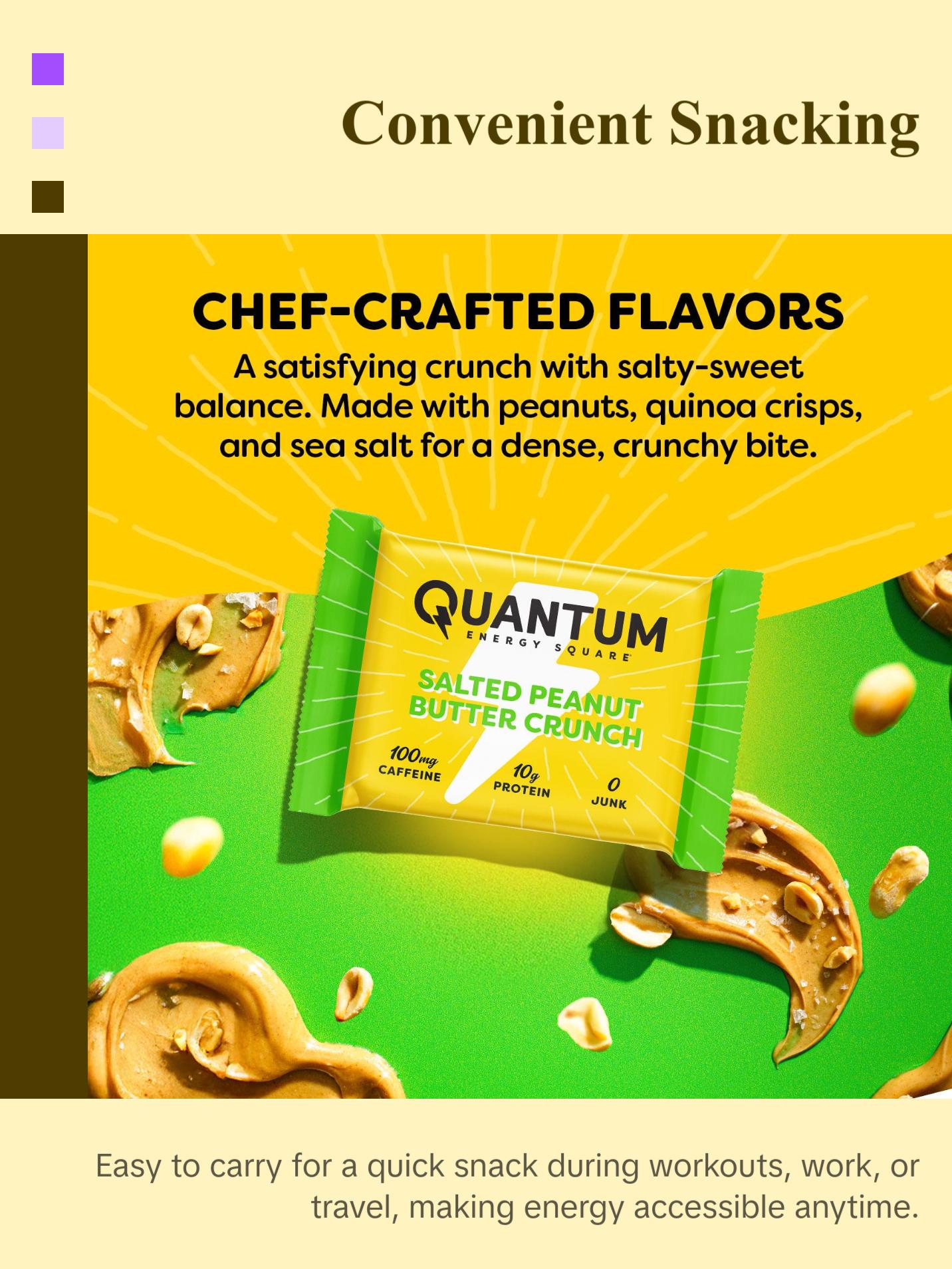 Quantum Energy Square Healthy Protein Energy Bars Salted Peanut Butter Crunch 8Pk Snack - Organic Caffeine with Balanced Macronutrients, 10g Plant-Based Protein, Vegan, Gluten-Free, Non-GMO