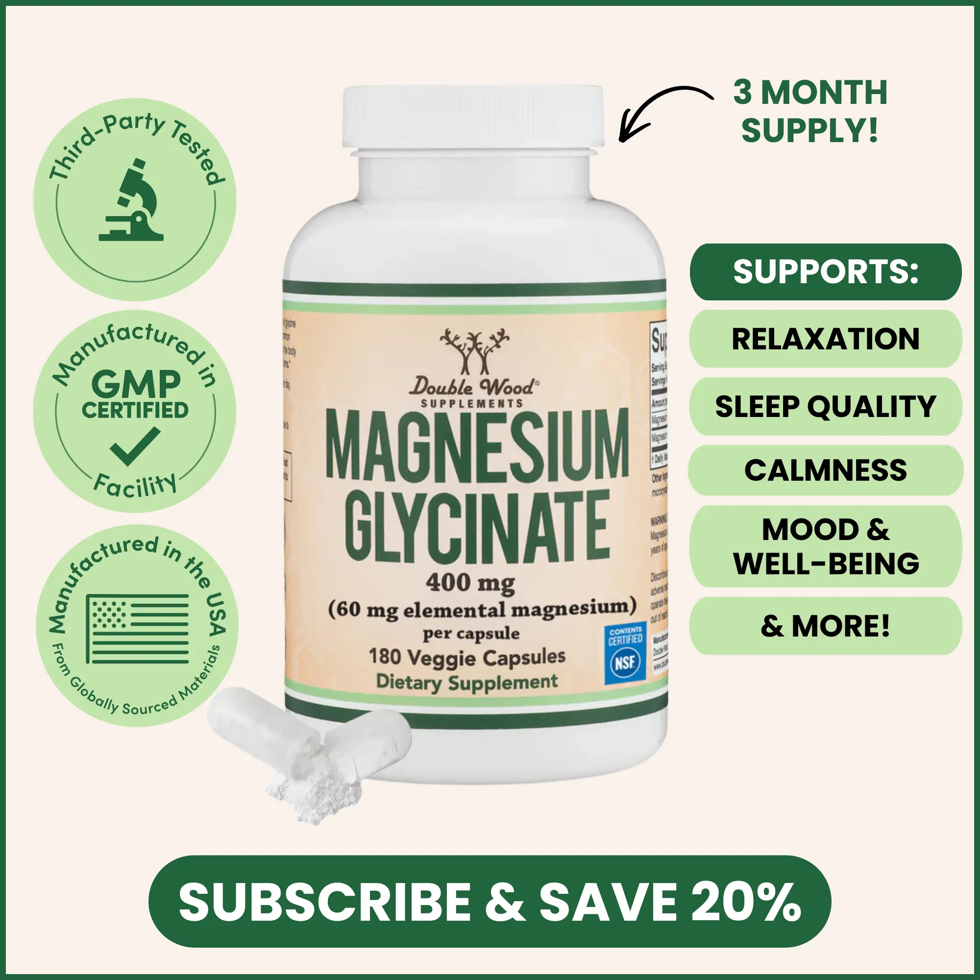 Magnesium Glycinate | 400 mg | 90 Count | Boost Mood & Well-Being | Promote Calmness & relaxation | Support Bone Health | Double Wood Supplements
