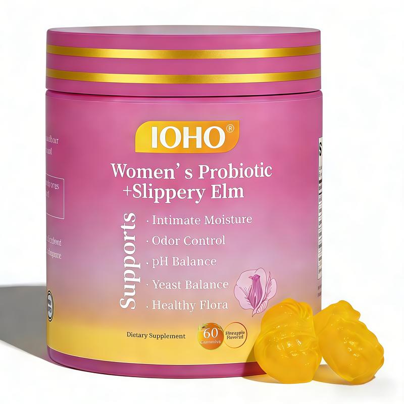 Women's Probiotic Gummies with Slippery Elm & Prebiotics for pH Balance & Intimate Moisture 60 Hawaiian Pineapple Flavored Counts-IOHO
