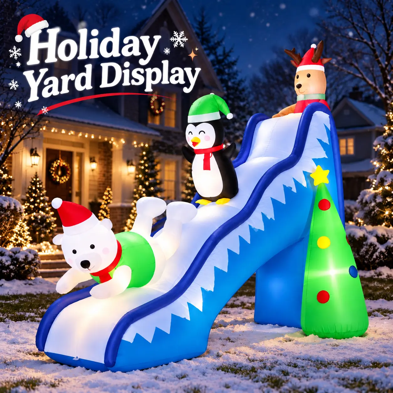 9FT Christmas Inflatable Slide with Reindeer, Penguin & Polar Bear, Built-in LED Lights, Blow-Up Outdoor Christmas Decoration for Yard & Lawn