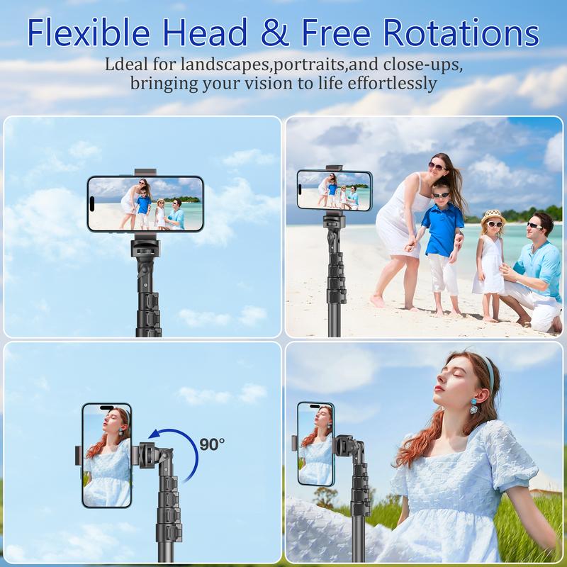 62" Adjustable Bluetooth Selfie Stick Tripod with Wireless Remote and Universal Phone Mount, Compatible with iPhone, Android, Cameras