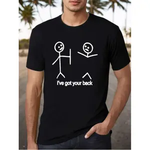 Men's 'I've Got Your Back' Graphic Tee - Casual & Comfortable Cotton, Lightweight Round Neck Short-Sleeve T-Shirt, Ideal for Daily Wear & Outdoor Activities, Black with White Stick Figure Design, Outdoor Fitness Tee| Playful Graphic Tee| Machine Washab