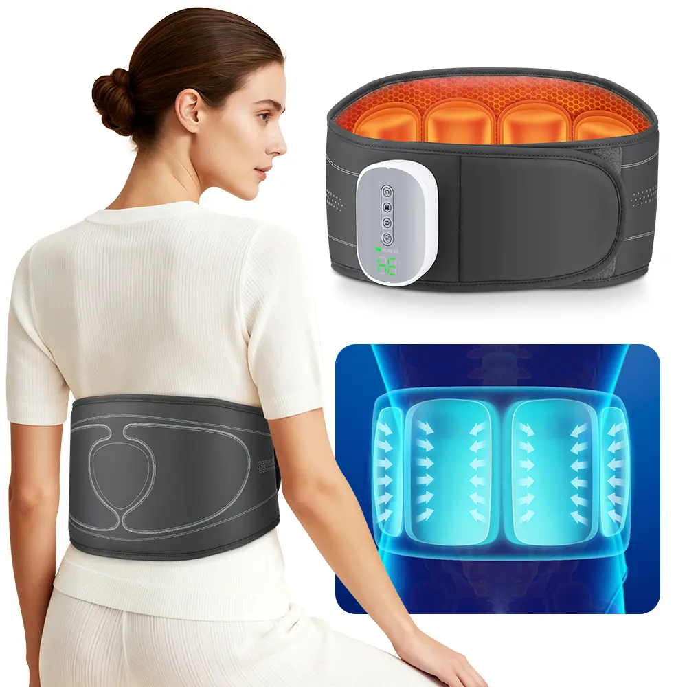 Rechargeable Cordless Lower Back Massage Belt - Adjustable Pressure Massage Devices with 4 Vertical Airbags, 3 Cycles, Multi-Level Heat Compression Therapy, Extended Adjustable Strap, Timed Auto Power Off, Batteries, Waist, 3 Massage Cycles