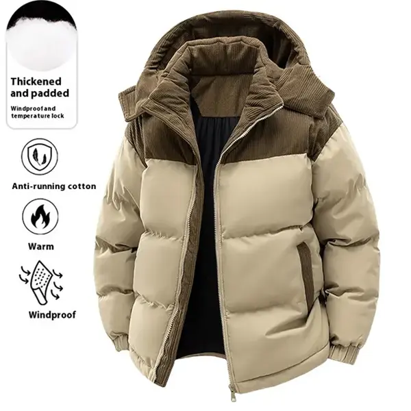 Men's Hooded Thick Casual Long Sleeve Coat - Minimalist Color-Block Menswear Fashion Top, Windproof Temperature-Retaining Winter Essential, Coats, Tops, Fitted