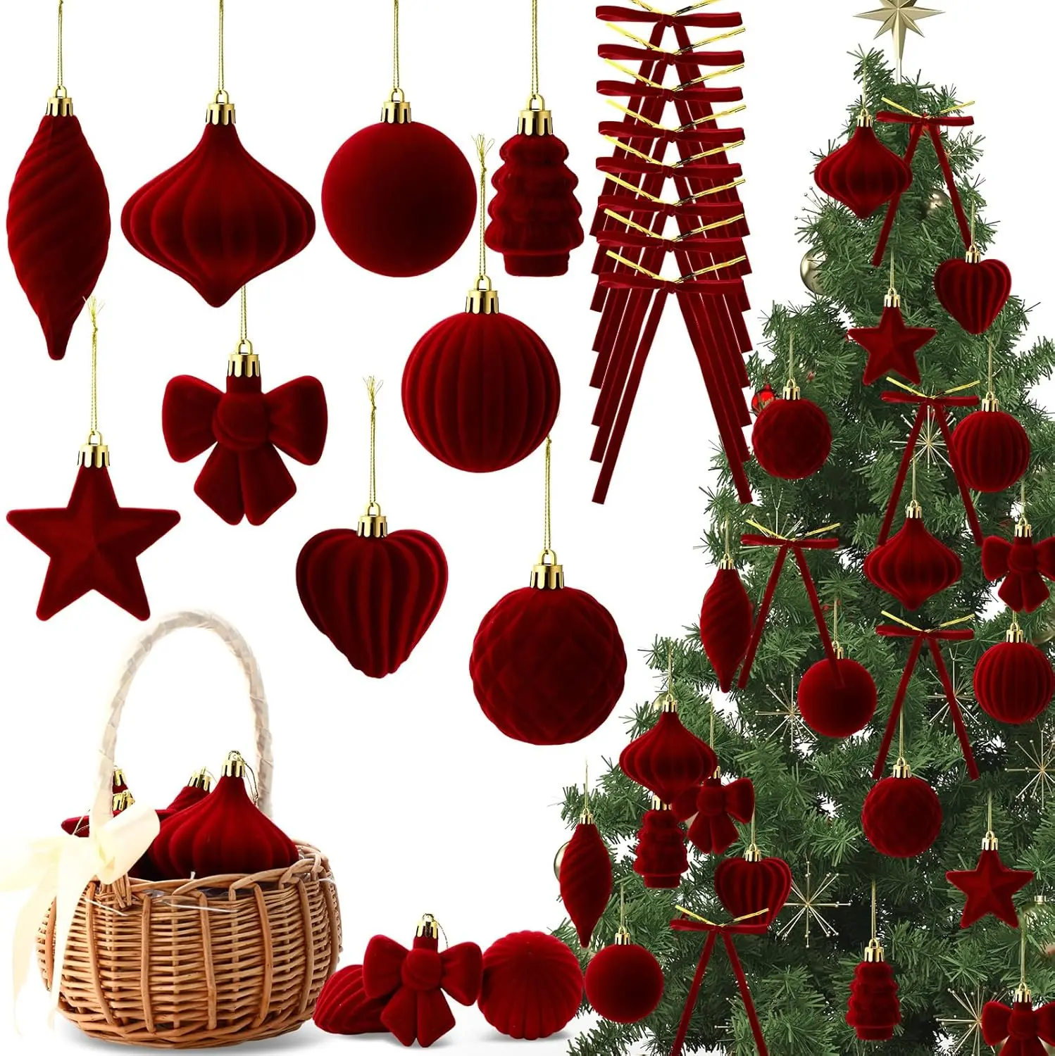 Velvet Christmas Ball Ornaments Set with Traditional Wreath Bow, 36/96 Pcs Assorted Hanging Decorations for Xmas Tree, Party, Anniversary Holiday Home Festive Decor, 96Pcs, Decorative