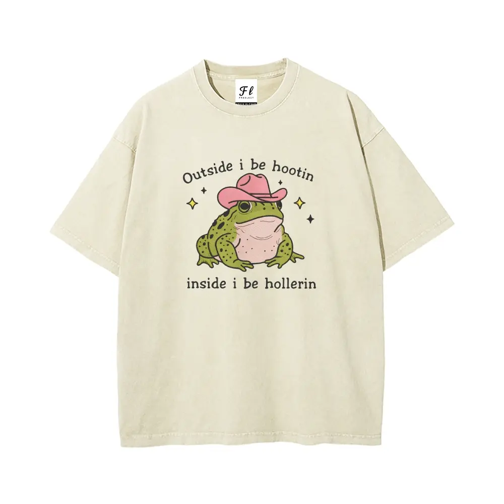 "Outside I Be Hootin Inside I Be Hollerin" Cowboy Frog Meme Unisex Plus Size Summer Graphic Tees Personalized Pattern Y2k Clothing Round Neck Short-Sleeved Washed T-Shirt,Women's Clothing 100% Cotton, Menswear, Top, Vintage Style, Casual Oversized