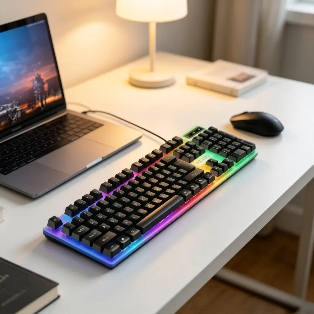Wired Gaming Keyboard - 1pc 104-Key Full-Size, Rainbow RGB Backlit, USB Ergonomic Plug-and-Play, Black/White Options, Compatible with Desktops, Laptops, Mac, for Gaming/Office Use