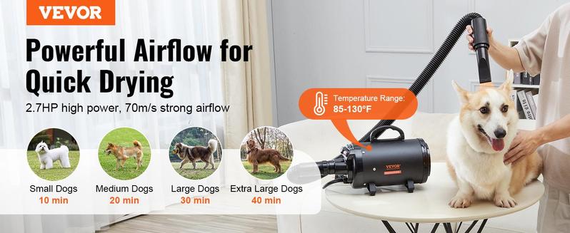 VEVOR Dog Dryer, 2000W/2.7HP Dog Blow Dryer, Pet Grooming Dryer with Adjustable Speed and Temperature Control, Pet Hair Dryer with 4 Nozzles and Extendable Hose, Black