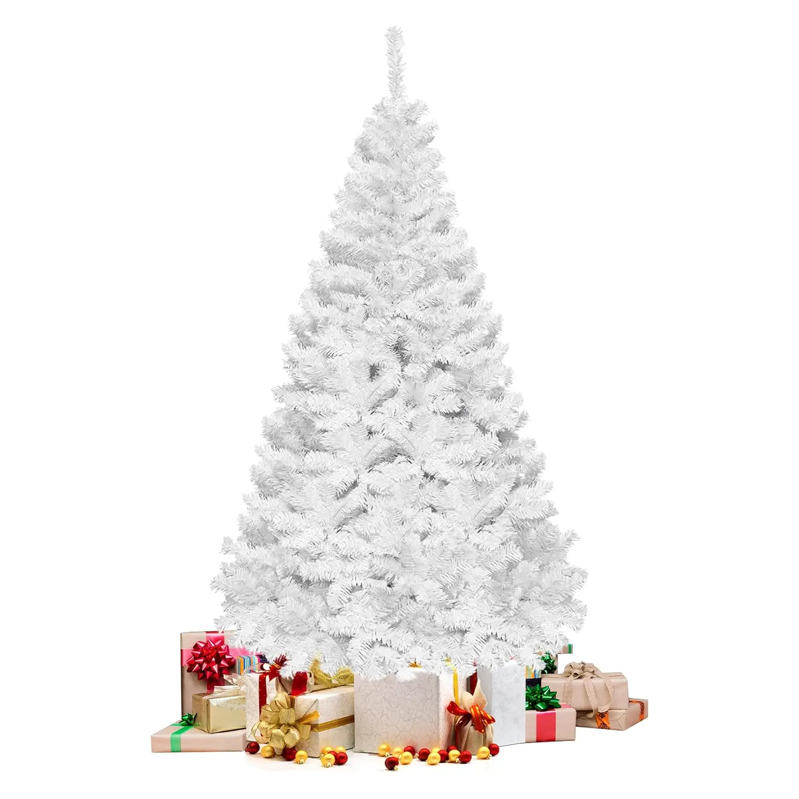 White Artificial Christmas Tree, 7ft Premium Unlit Hinged Spruce Full Tree, with 1000 Branch Tips and Metal Stand, Easy Assembly, for Indoor and Outdoor Use