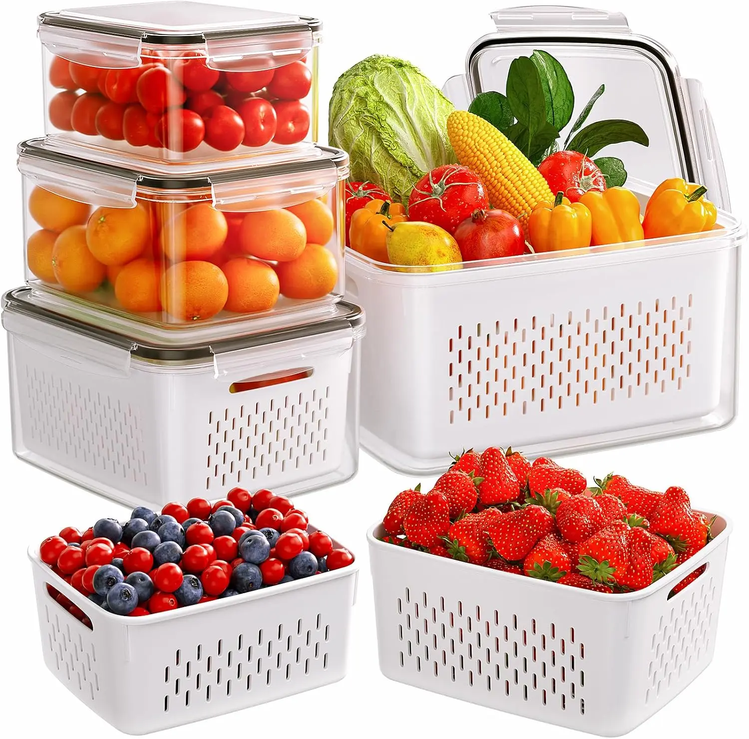 5-Piece Plastic Fridge Storage Box Set with Removable Baskets, Leak-Proof Home Organizers for Fruits, Vegetables, Multi-Size, Freshness-Extending, Dishwasher Safe Refrigerator Accessories