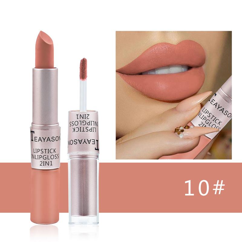 2 in 1 Velvet Matte Lipstick & Lip Gloss SetDouble Head Design Finish Non-Stick Cup NotFade Nude Color Lipgloss Stain Makeup LongLasting Waterproof Gloss