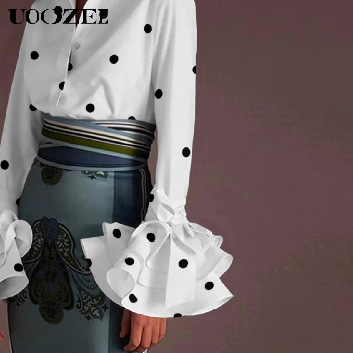 Flared Sleeves Bow-Embellished Falbala Solid Color Lapel Blouses&Shirts Tops Womenswear Casual Elegant Basic Outfit