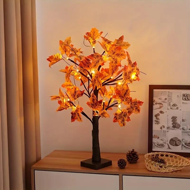 2-Piece LED Tree Lights with Maple Leaves for Christmas Halloween & Thanksgiving Home Decor Night Lights Battery-Powered USB Control Art Deco Style Floral Design