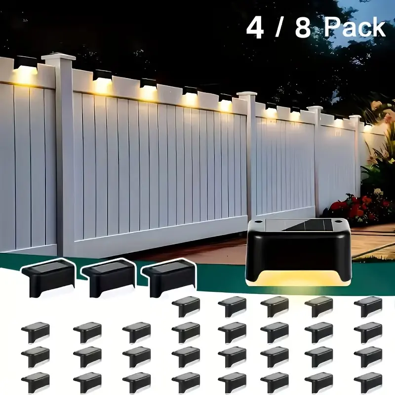 4/8Piece Set Solar-Powered LED Deck LightsAuto-On/Off, 12-Hour Continuous Illumination Ideal for Outdoor Stairs, Railings, and Pathways Enhances Nighttime Safety and Ambiance Waterproof Solar Step Lights for Outdoor Use Garden Decor Perfect Gift Summervib