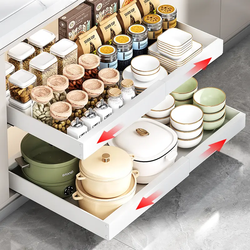 Pull-Out Cabinet Organizer, Industrial Smooth Steel Deep Sliding Drawer Shelf – Space-Saving Storage for Kitchen Cabinets & Under Sink, with Adhesive Shelf Organizers Compatibility