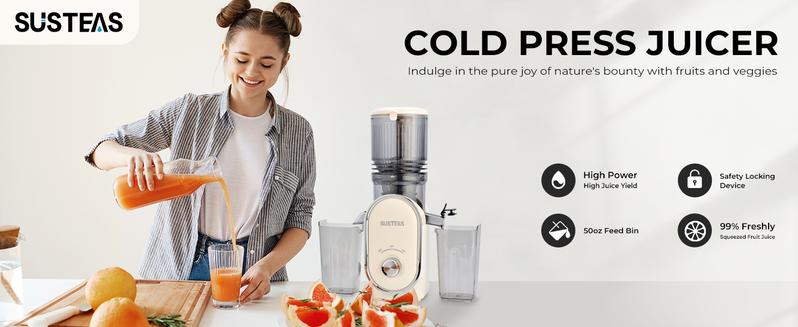 SUSTEAS Juicer Machines, Cold Press Juicer with 5.3'' Large Feed, Slow Masticating Machines Chute Fit Whole Vegetable And Fruit, High Juice Yield Juicer Easy to Clean