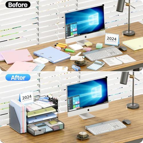 OPNICE Desk Organizer, 4-Tier Desktop File Organizer with Drawer and 2 Pen Holders, Office Desk Accessories, File Sorters, Workspace Organizers for Office Supplies(Black)