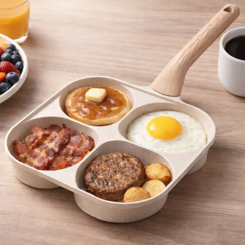4-Hole Granite Coated Aluminium Frying Pan - Multifunctional, Induction Compatible, Easy Care Nonstick, Wooden Safe Grip Handle, for Eggs, Home Kitchen Supplies Essential Cookware