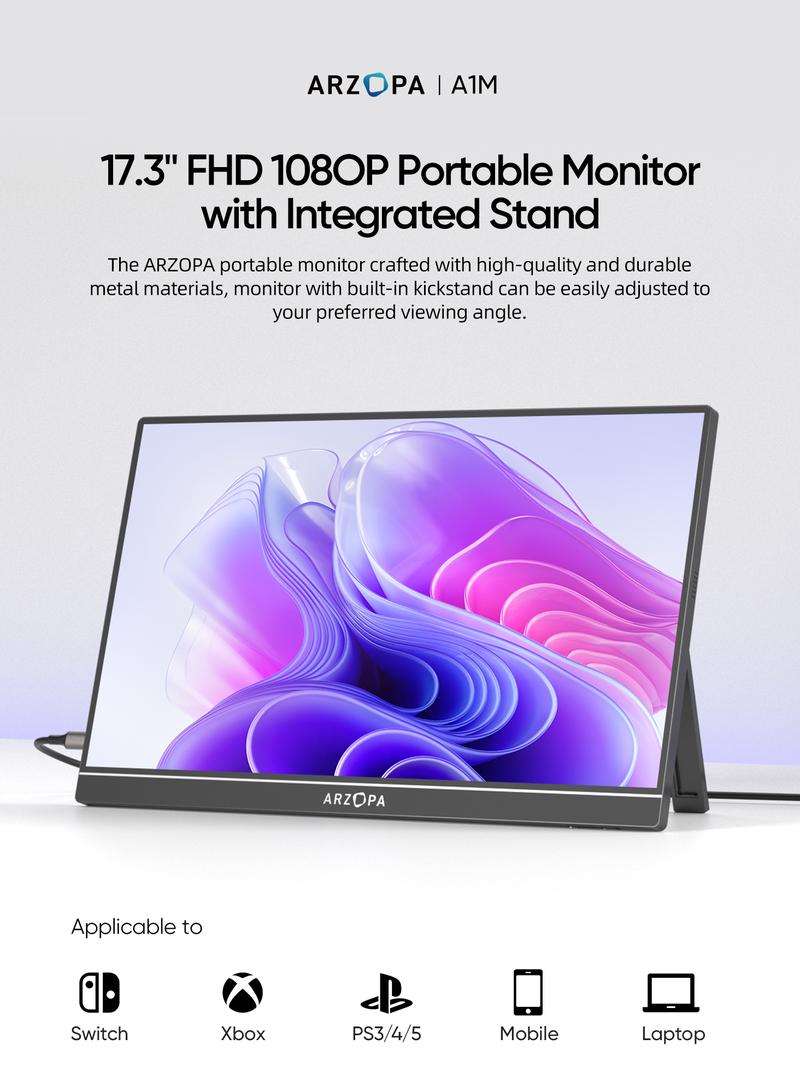 ARZOPA 17.3" Portable Monitor 1080P FHD HDR IPS Laptop Computer Monitor HDMI USB C External Screen with Dual Speakers for PC Mac Phone Xbox Switch PS5