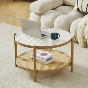 Boho Rattan Coffee Table 27.5" Round Glass Metal Center Modern Simple 2 Tier Middle Table for Small Space Living Room Bedroom Office Meeting Room