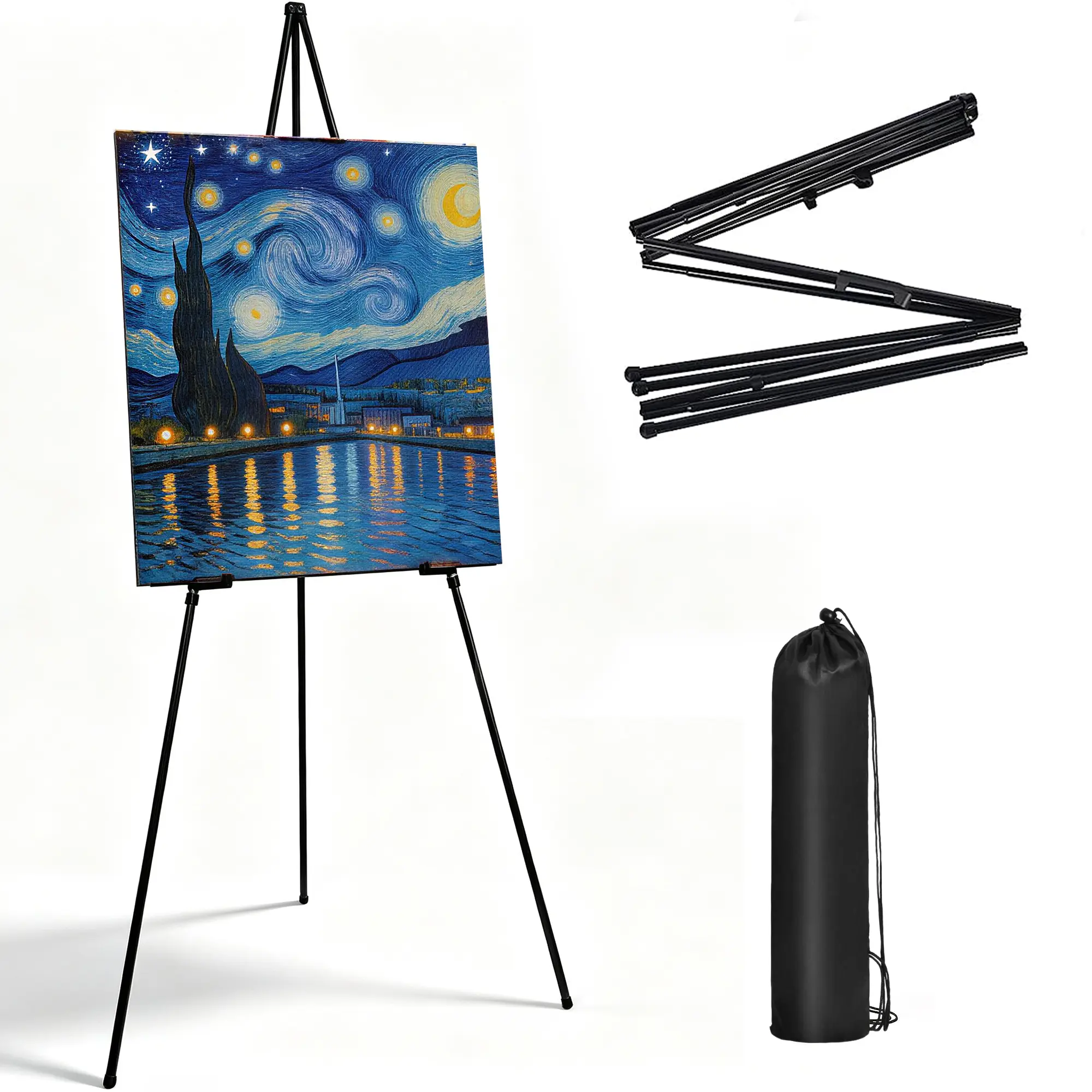 63-in Height-Adjusted Metal Frame Tripod Easel Stand - Portable Collapsible Artist Floor Easel for Wedding Signs, Display Shows (Drawing & Painting Supplies), Tripod Stand