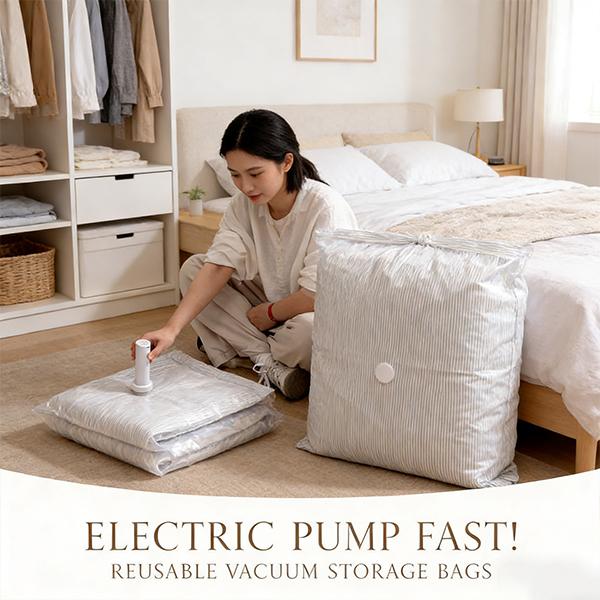 【2026 Upgraded】X7 Cordless Travel Vacuum Storage Compression Bag Set with Rechargeable air Pump 9/15 Pack Waterproof & Reusable Compression Packing Bags for 2 Size,140L/Min Powerful Air Removal，Perfect for Carry-On Suitcases,