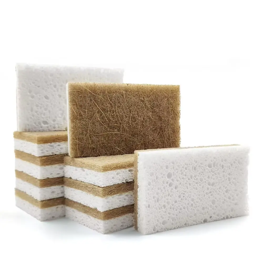 PAKNADA 10-Pcs Natural Sponges Set, Cellulose & Coconut Walnut Scrubber, Durable Long-Lasting Eco-Friendly Water-Absorbent for Sink Dishes & Efficient Household Cleaning
