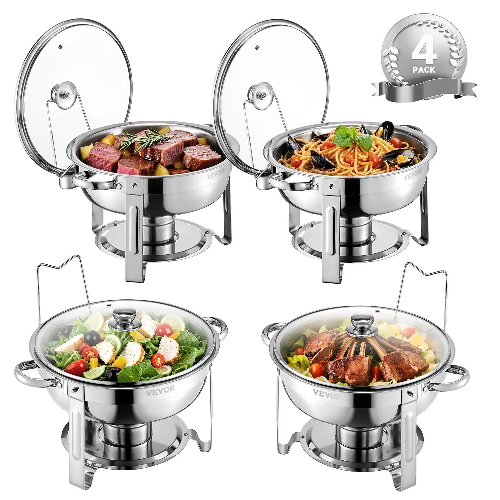 VEVOR Sturdy Stainless Steel Chafing Dish Buffet Set, 5 Qt 4-Pack Round Thermal Casserole Dishes with 4 Full-Size Pans, Glass Lids, Water Pans, Folding Stands, Fuel Holders for Pasta Serving, Wedding Banquet