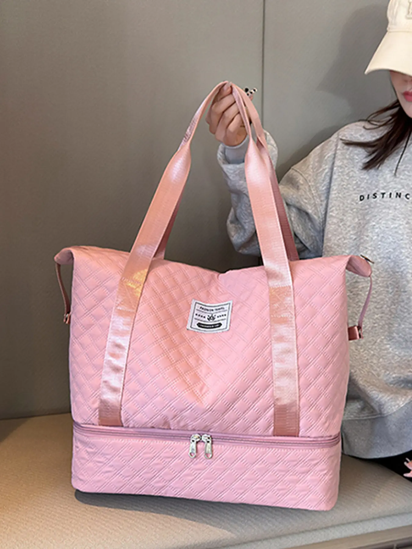 New Casual Versatile Plaid Embroidered Luggage Bag, Large Capacity Waterproof Gym Yoga Bag, Handheld Shoulder Strap Travel Duffle Bag