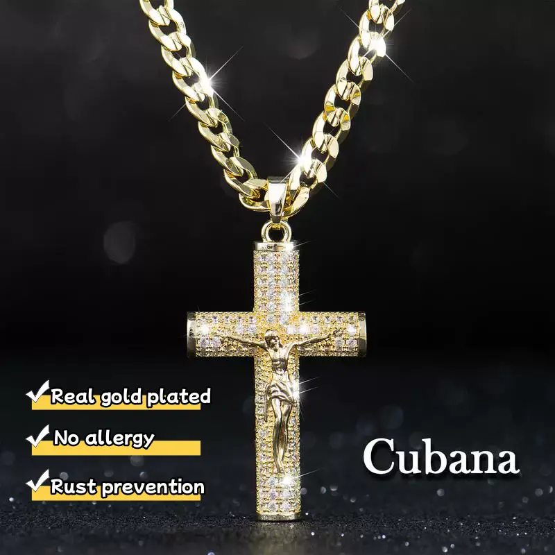 14K Real Gold-Plated Cross Necklace for Men,Tarnish-Free Cuban link chain  with Jesus Crucifix Pendant, 24" Long, Christian Religious Jewelry Gift,Hypoallergenic & Tarnish-Resistant, Durable Hip Hop Jewelry for Daily Wear