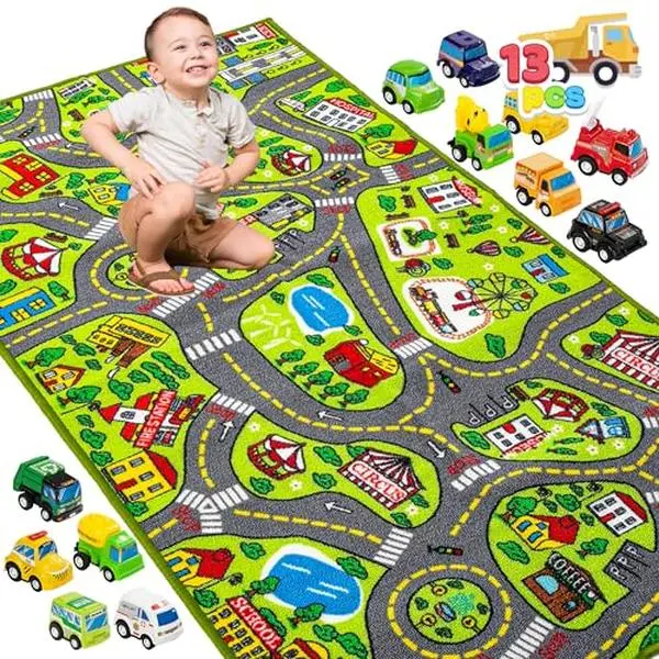 Kids Play Rugs - 12 Pull-Back Vehicle Set - Durable Carpet Playmat Rug - City Pretending Play - Toddler Car Track Rug