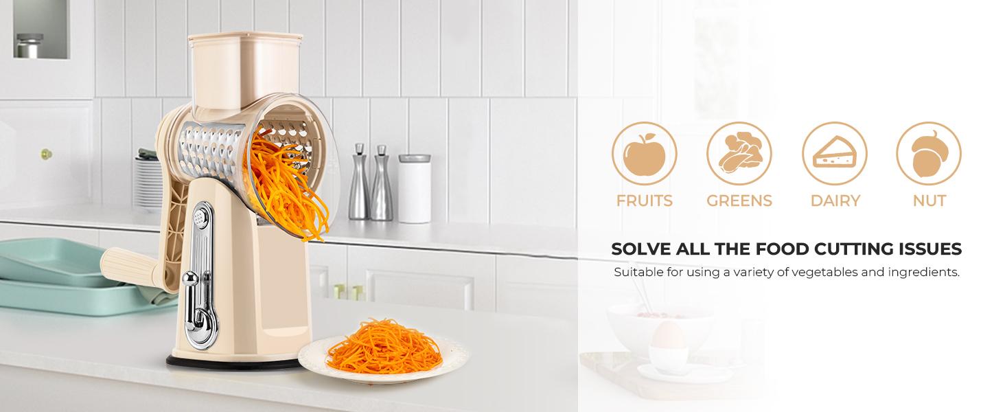 SUSTEAS Stainless Utensils Rotary Food Chopper – 5 Replaceable Blades, Strong Suction Base, BPA-Free, Dishwasher Safe, with Blade Storage Box & Cheese Grater Kitchen Curve cheese grater