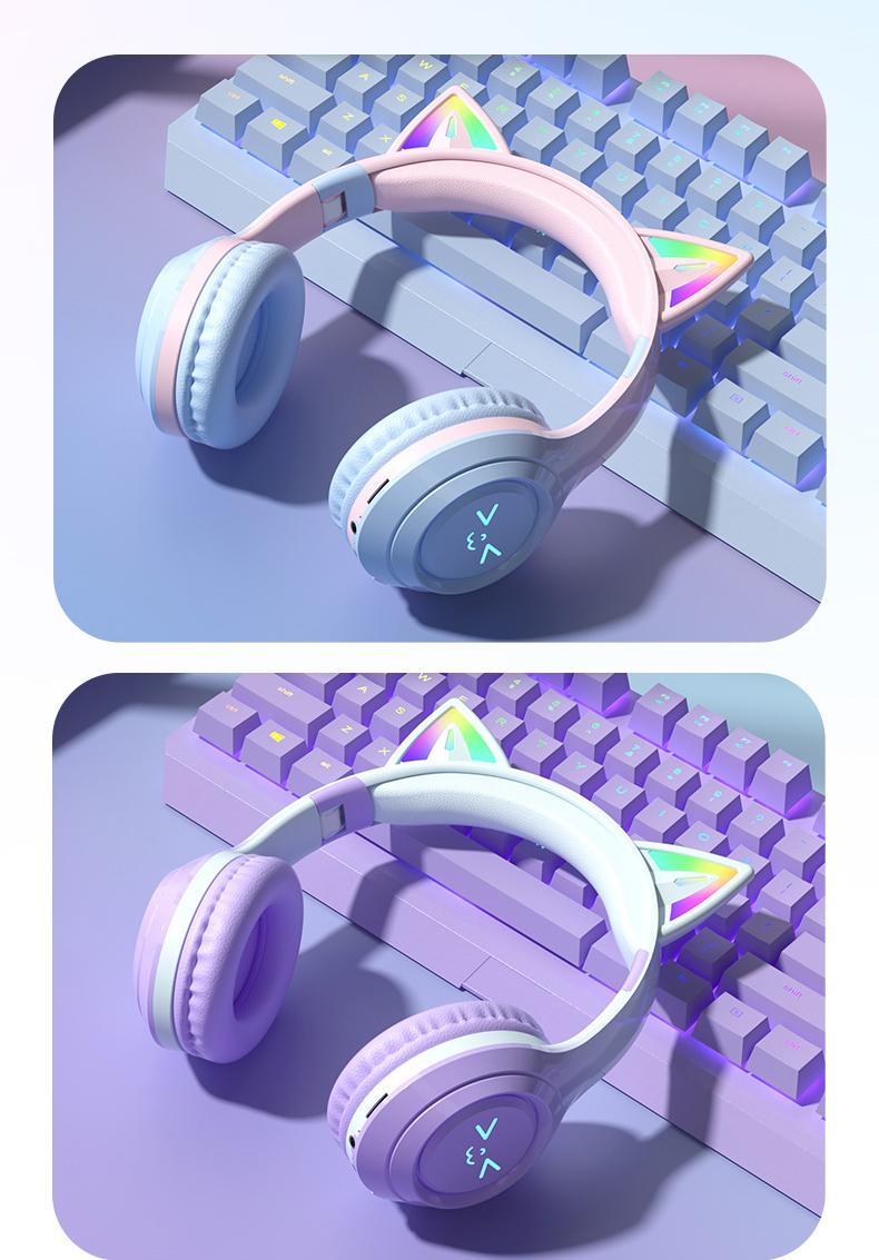 Wireless Bluetooth Cat Ear Headphones with Mic LED Light Foldable Over Ear Headset for Mobile Phone Laptop and Computer Cute Gift for Kids Teens and Adults