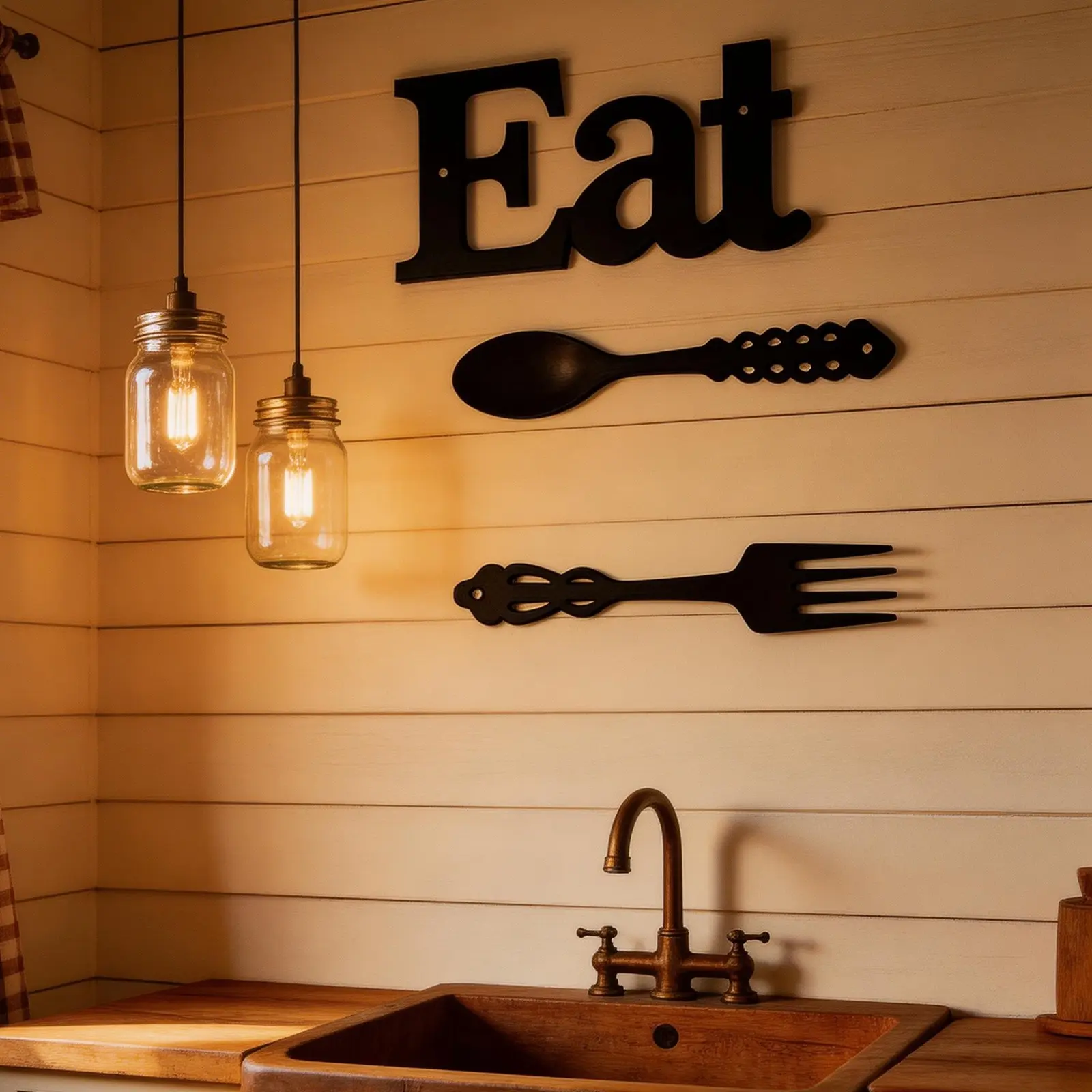 Rural style "EAT" wall decoration set, with fork and spoon - black iron letter art, Aesthetic wall decor, suitable for kitchen and dining, perfect for rural themed home decoration, Christmas decoration