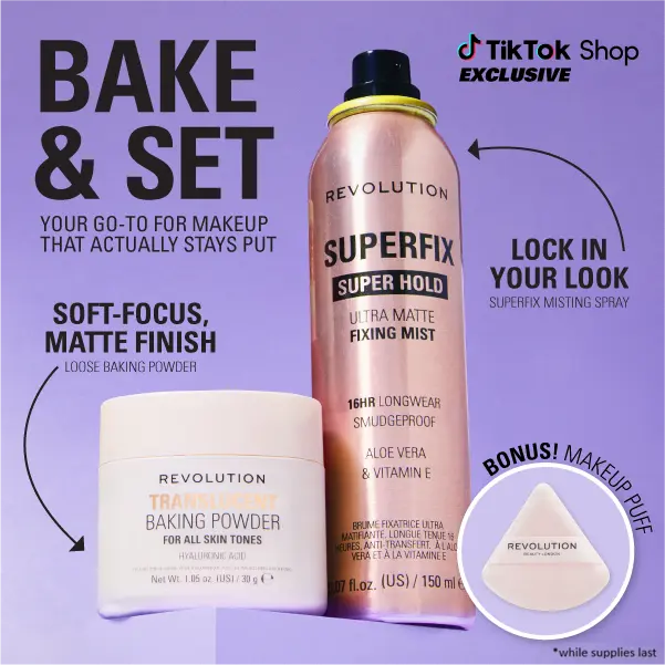 Revolution Bake & Set Bundle: includes Loose Baking Powder & Superfix Misting Setting Spray