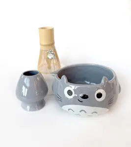 Totoro Matcha Bowl with Pouring Spout and Whisk Stand | Cute Chawan and Chasen Holder Kit | Studio Ghibli Ceramic Matcha Bowl and Whisk Holder Set