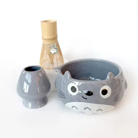 Totoro Matcha Bowl with Pouring Spout and Whisk Stand | Cute Chawan and Chasen Holder Kit | Studio Ghibli Ceramic Matcha Bowl and Whisk Holder Set