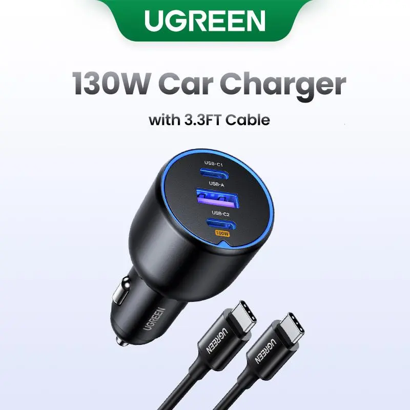 UGREEN 130W Car Charger with 3.3FT Cable, USB-C Input, Compatible with iPhone 17 16 Pro Max, Galaxy S24 Ultra, iPad, Car Accessories Deals for You,September Restock，TikTokShopBlackFriday ,TikTokShopHolidayHaul