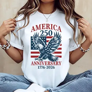 America 250th Anniversary 1776–2026 Eagle Flag Design Cotton Casual Crew Neck Short Sleeve Regular Sleeve Summer T-Shirt Machine Washable Not Dry Clean Made in USA