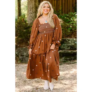 Women's Casual Smocked Babydoll Dress, Dark Brown 100% Cotton Casual Wear, Square Neckline, Ruffle Cuffs, Floral Embroidery, Elastic Stretchy Fabric