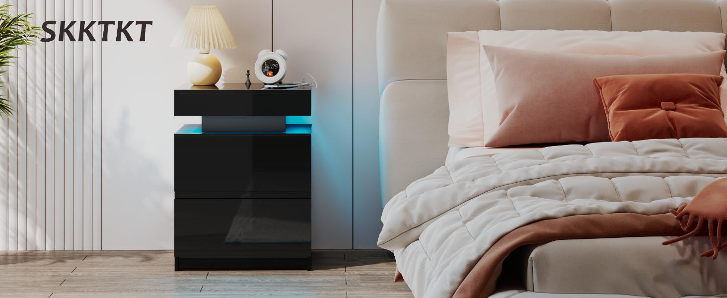 Miuvanity Nightstand Gun Drawer with USB & Type-C Port, LED Light, Modern Design for Office & Bedroom Storage, Includes Charging Station Bedside Table