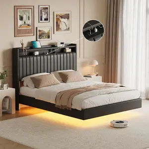 Queen Floating Bed Frame with RGB LED Lights & Charging Station, Upholstered Platform Bed Frame with Storage Headboard, No Box Spring Needed, Black