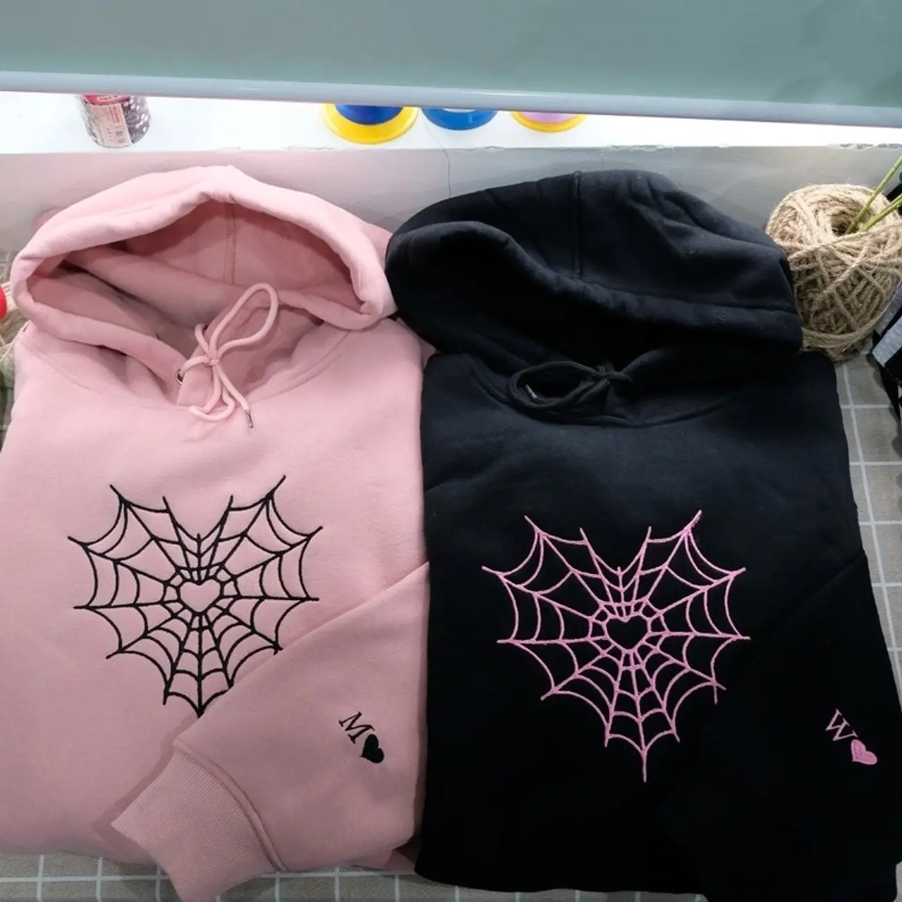 Spider Web Couples Matching Valentine's Embroidered Hoodie, Custom Initial Heart Crewneck, Anniversary Gift, Personalized Heart Name Sleeve Y