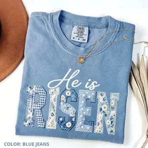 Comfort Colors He is Risen Blue Toile Patchwork Easter T-shirt, Easter Cottagecore Jesus Faith Tee, Christian Apparel