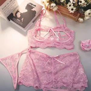 Blush Pink Lace 4-Piece Set Romantic Bow and Cross-Strap Design inclding Bra, Brief, Thong,Garters