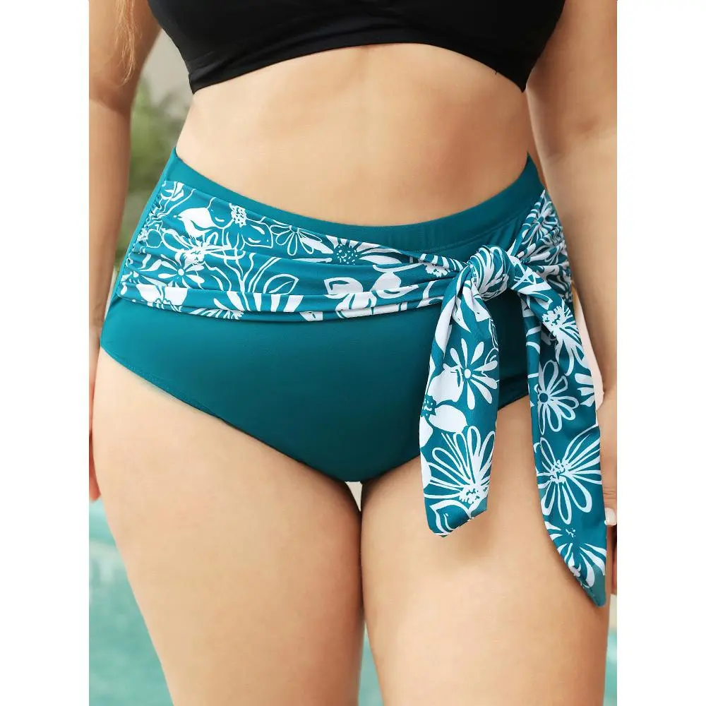 Women's Plus Size High Rise Tummy Control Washable Nylon Cross Straps Tropical Patchwork Knotted Front Bikini Bottom [M-6X], Summer Sports Swimwear Cross Straps Bikini