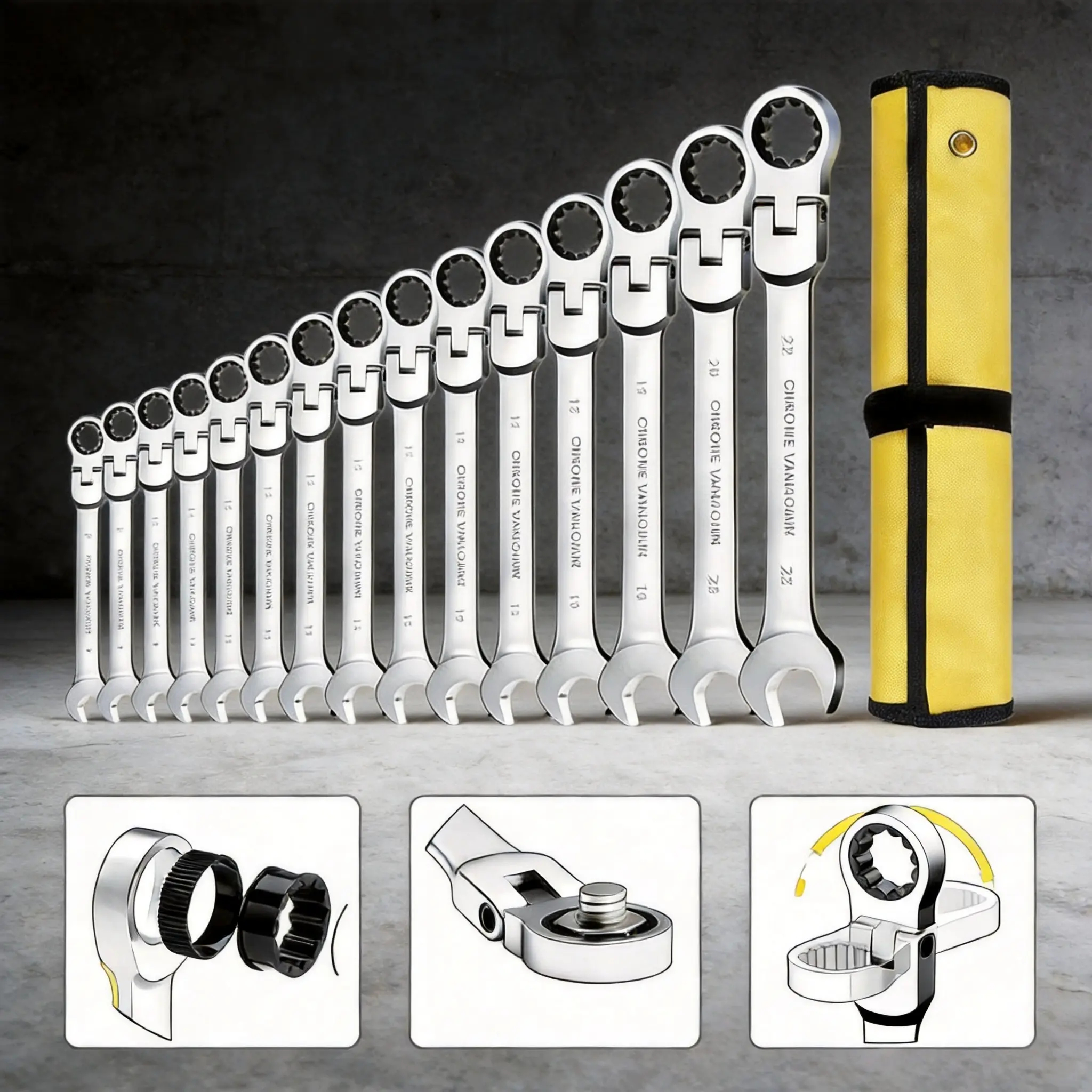 Metric Size 16-Piece Flexible Head Combination End Ratchet Wrench Full Set, Professional Sturdy Car Repair Tool Kit with Storage Bag, Ideal for Automotive Repair Work & Home Use