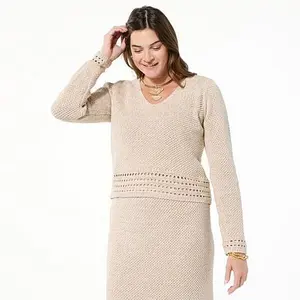 Jaclyn Smith V-Neck Sweater with Crochet Hem