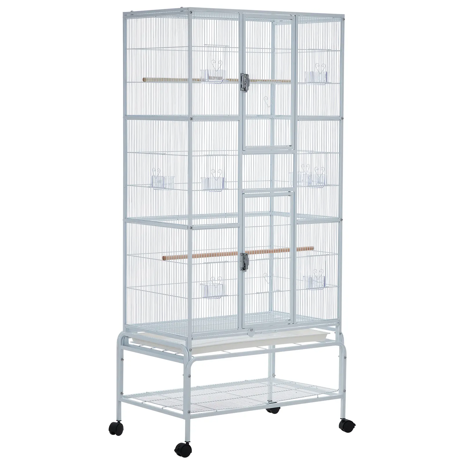 Spacious Metal Bird Cage with Play Top Finches, Canaries – White Rolling Stand, Storage Shelf, Slide-Out Tray – Flight Cage
