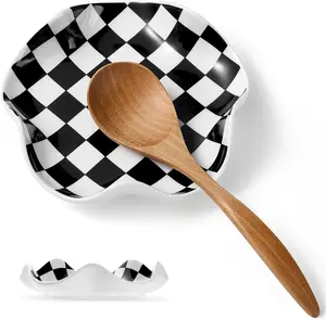 Ceramic Spoon Rest, 5.3 in Black & White Pattern, Heat Resistant Cooking Spoon Holder for Kitchen Countertop, Spatula, Ladle, Coffee